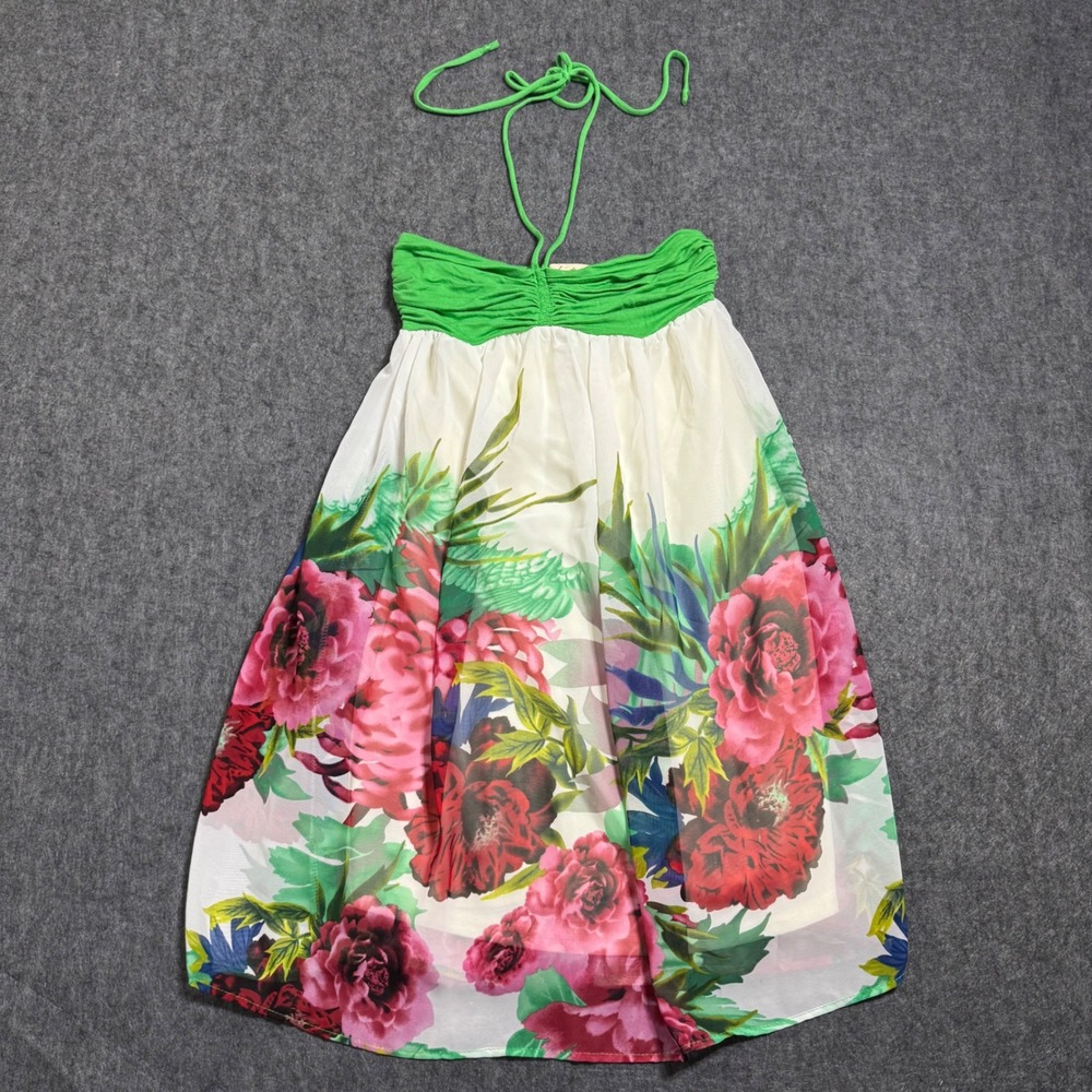 VTG Y2K Twenty One Floral Halter Mini Dress Green Pink Tropical Summer Small